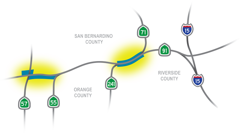 Freeway improvement projects on 2 SR‑91 segments map